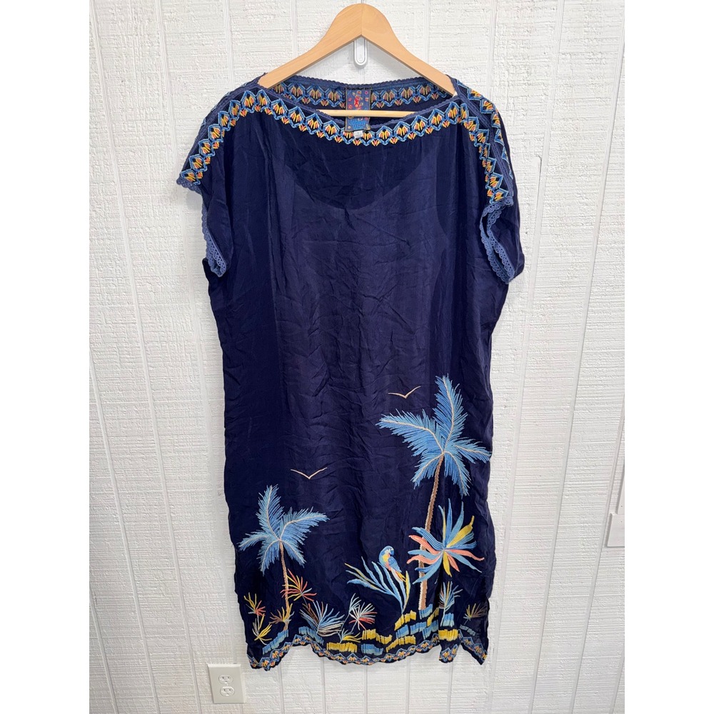 Johnny Was Kaftan Dress Womens Navy Blue Embroidered Tropical Palm Tree Small